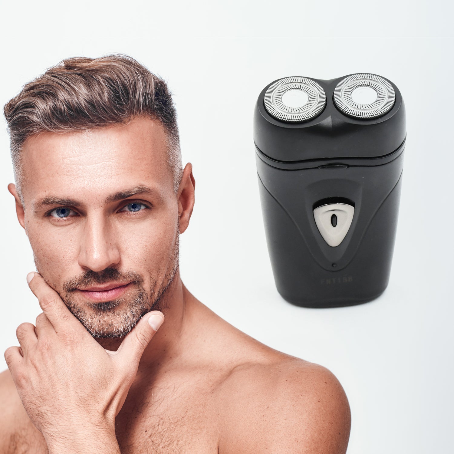 Travel-friendly electric shaver with flexible shaving heads. Travel-friendly electric shaver with flexible shaving heads.